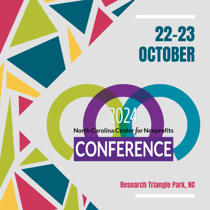 Colorful graphic of triangles promoting 2024 Conference for NC's Nonprofits, October 22-23 in RTP, NC.