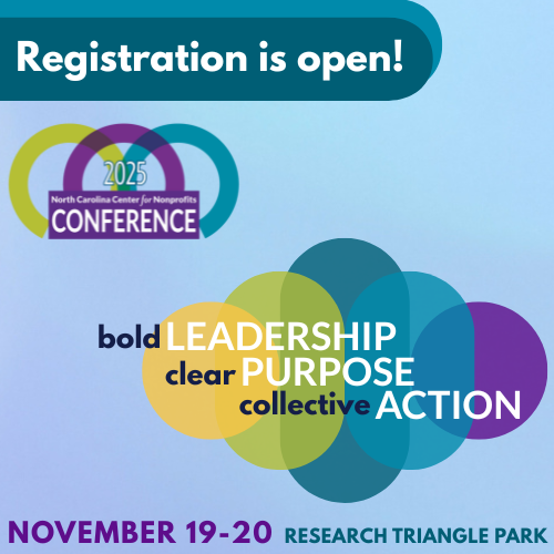Bright and multicolored graphic with logo and theme of the 2025 Conference for NC's Nonprofits.