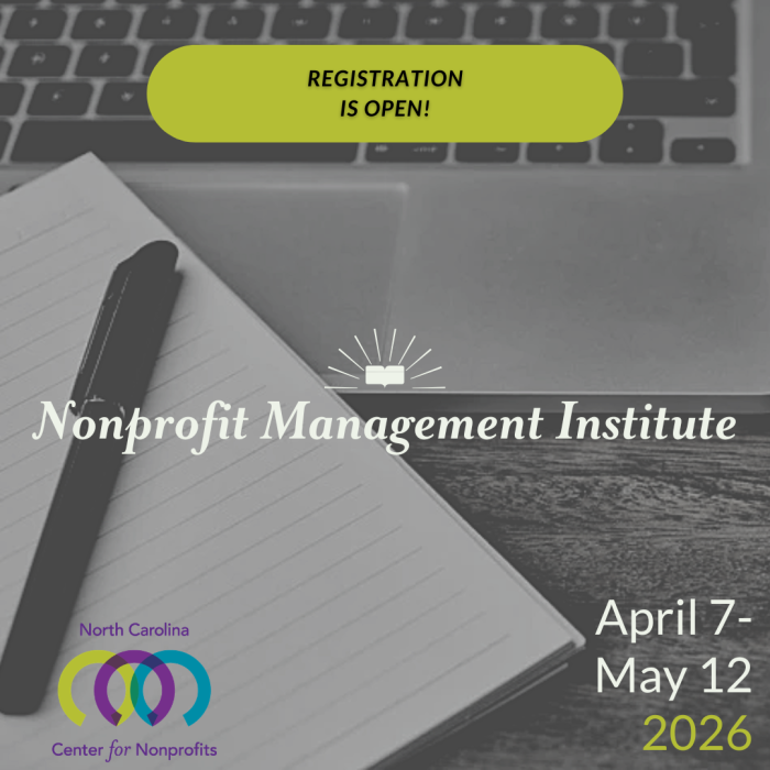 Close up of a desk with a lined notepad, pen, and open laptop keyboard promoting that 'Registration is open' for the Nonprofits Management Institute, April 7-May 12, 2026.