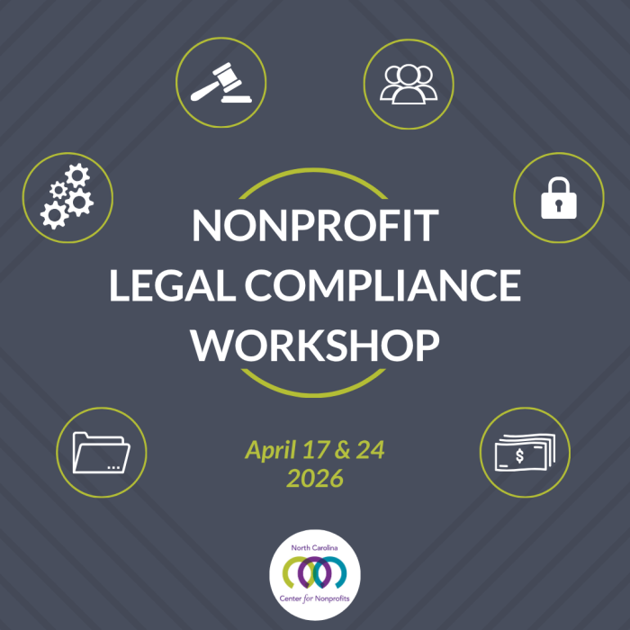 Legal and compliance-related icons surrounding the text 'Nonprofit Legal Compliance Workshop, April 17 & 24, 2026.'