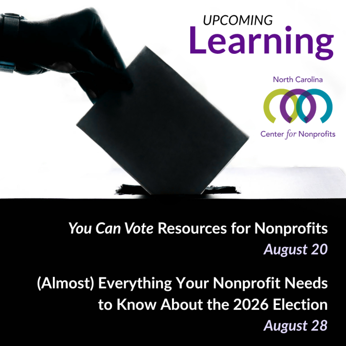 Black and white image of a hand dropping a folded paper into a ballot box. Text promotes two webinars for nonprofits on voter education and engagement.