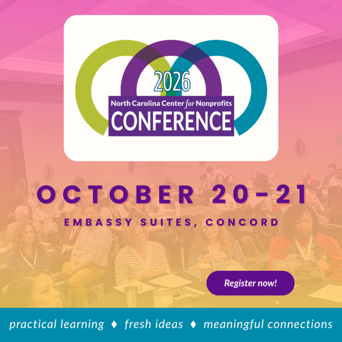 Background image of a full room of conference participants during a session with a bright, colorful tint. Text promotes the 2026 Conference for NC Nonprofits, October 20-21 in Concord, NC.