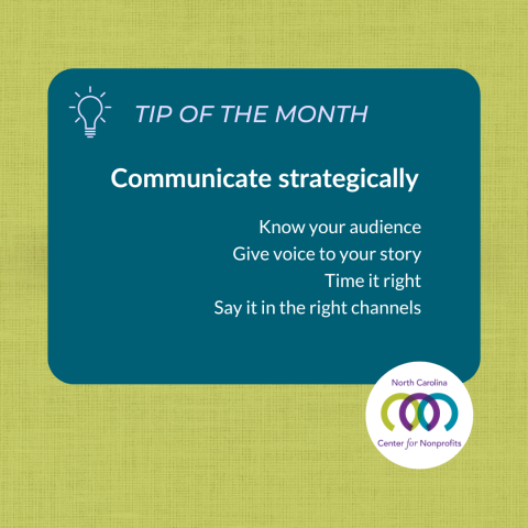 Green and teal graphic with lightbulb icon. Text reads ‘Tip of the Month: communicate strategically.'