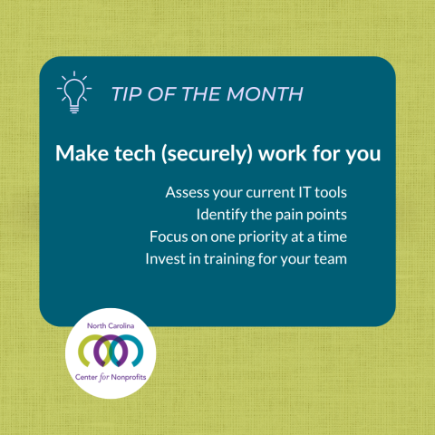 Green and teal graphic with lightbulb icon. Text reads ‘Tip of the Month: Smart program management = stronger programs.'