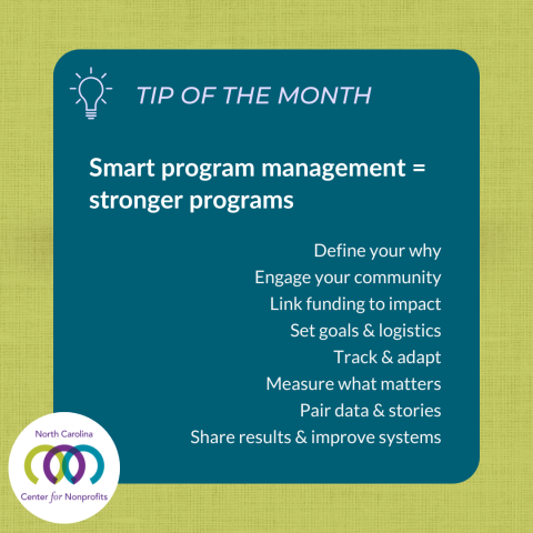 Green and teal graphic with lightbulb icon. Text reads ‘Tip of the Month: Smart program management = stronger programs.'