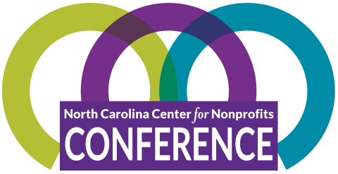 Green, purple, teal interlocking rings behind purple box with text 'North Carolina Center for Nonprofits Conference'