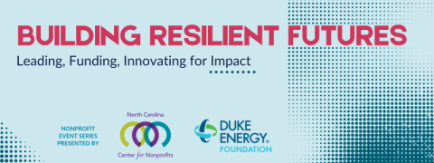 Blue graphic with pixelated design around title 'Building Resilient Futures', a nonprofit event series.