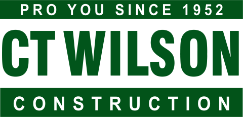 a logo of CT Wilson Construction with green text and a tagline that says PRO You since 1952