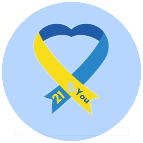 This is the logo for 21&You, it is a light blue circle with a  heart made out of ribbon. 