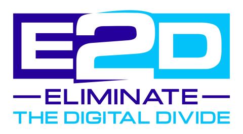 The E2D logo features bold, stylized letters 'E2D' in a combination of dark blue and light blue colors. Their full name beneath reads 'ELIMINATE THE DIGITAL DIVIDE' in capitalized letters, with 'ELIMINATE' in dark blue and 'THE DIGITAL DIVIDE' in light blue. 