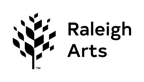 A tree icon with some curved leaves and boxy leaves with the words Raleigh Arts
