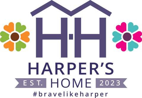 Harper’s Home logo featuring two purple H’s joined by rooflines to form the shape of houses. On either side are colorful flowers—orange and green on the left, pink and teal on the right. Below the H's, the text reads: 'HARPER’S HOME EST. 2023 #bravelikeharper'.