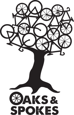 Oak tree with bicycles at the top, and the branding "Oaks & Spokes" at the bottom