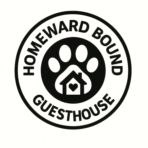 Circular black-and-white logo for Homeward Bound Guesthouse. The words ‘Homeward Bound Guesthouse’ wrap around the circle. In the center, a large paw print contains a small house icon with a heart in the middle, symbolizing a safe and loving home for dogs.