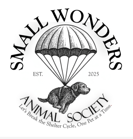 A black and white vintage looking logo picturing a cute dog with a parachute. It says "Small Wonders" over the parachute, and "Animal Society " under the dog. A smaller line of text under that says "Let's break the shelter cycle, one pet at a time"