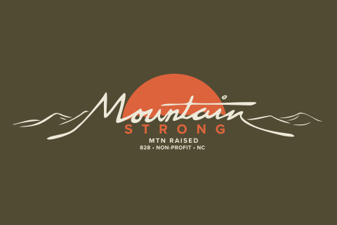 Mountain Strong logo with olive green background; orange sun raising over hand drawn mountains. 