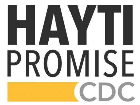 Hayti Promise CDC Logo, square, white background, black font, gold stripe at bottom left