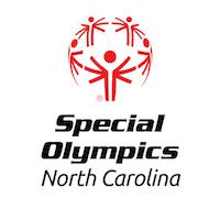 Red symbol of five abstract human figures in a circle on a white background, conveying unity and togetherness. Central figure stands upright. Text reads “Special Olympics North Carolina” underneath the symbol. 