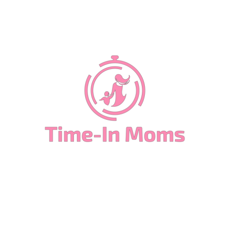 A pink logo showing a stylized stopwatch with the silhouette of a mother holding a child at the center. Beneath the image, the words “Time-In Moms” appear in pink text.