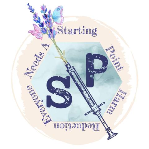 A large S & P with a syringe spouting flowers and butterflies light blue and purples