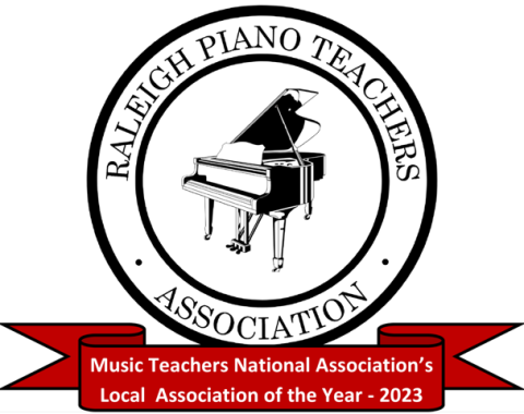 Illustration of a ground piano surrounded by the words Raleigh Piano Teachers Association with a banner reading Music Teachers National Association's Location Association of the Year - 2023