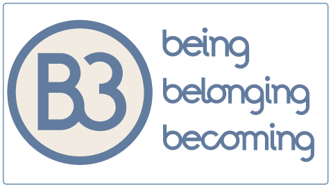 A circular logo of blue "B3" text surrounded by a blue outline on the left. To the right is text that reads "being belonging becoming," also in blue.