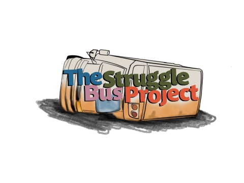 A picture of a bus on its side.