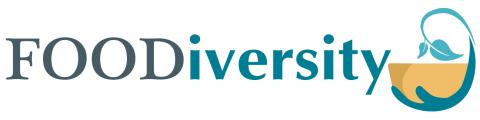 Logo of FOODiversity written out in grey and teal and a square teal and gold graphic of a bowl held by a leafy branch that can be also seen as a cartoony hand