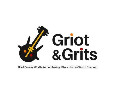 An West African instrument called a Kora and the Company name: Griot and Grits with the tagline "Black voices worth remembering.  Black history worth sharing.