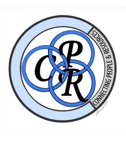 Interlocking circles surrounded by a large circle to represent connecting people and resources