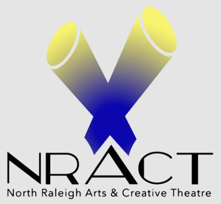 Two blue and yellow spotlight beams cross diagonally, with the acronym N R A C T underneath, as well as the full name of the organization: North Raleigh Arts & Creative Theatre