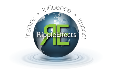 Ripple Effects logo featuring a globe above water ripples with a green 'RE' monogram and the words 'Ripple Effects' across the center. The words 'Inspire,' 'Influence,' and 'Impact' surround the globe.