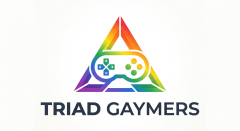 Triad Gaymers Logo. A game controller within a triangle, colored with gradient pride colors.