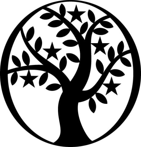 the silhouette of a persea tree and five stars enclosed in a black oval