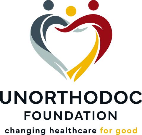 3 human figures (representing Physician, Benefactor, Beneficiary entwined in and supported by a heart-shaped community. The caption: Unorthodoc Foundation, Changing Healthcare... for good.