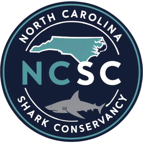 Navy blue circle with teal state outline of North Carolina, gray shark outline and the letters "NCSC"