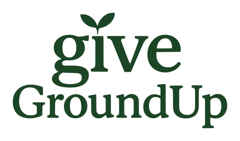 lowercase give with a leaf coming out of the letter "i", words GroundUp displayed underneath all in a Forest Green color. 