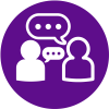 Icon with two figures talking with quote bubbles from each.